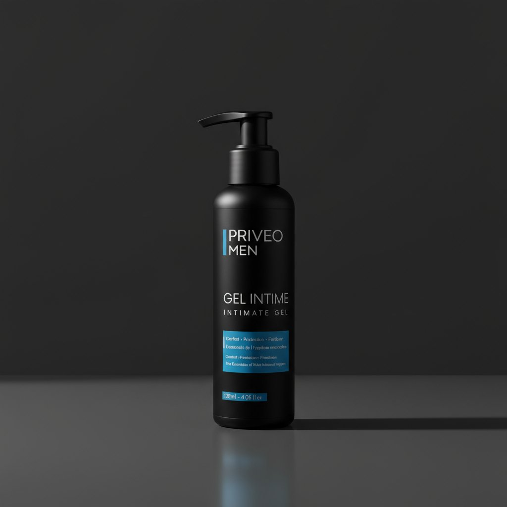 priveoMen gel intime 150ml black pump bottle intimate gel for men on dark background
