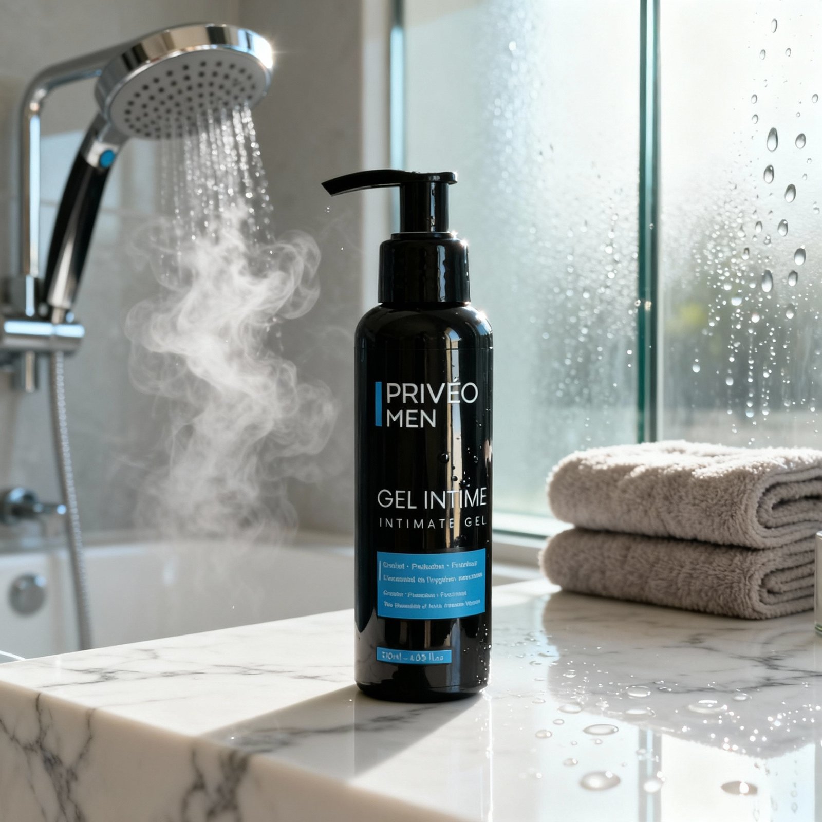 priveoMen gel intime intimate gel bottle with pump dispenser on marble bathroom counter